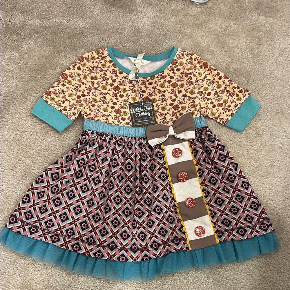 Matilda Jane Floral and Geometric Kids Dress - Teal and Brown